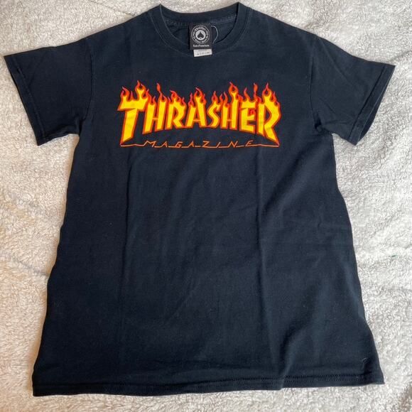 THRASHER Flames Black Tee Shirt Small Short Sleeve Skate - Picture 1 of 3